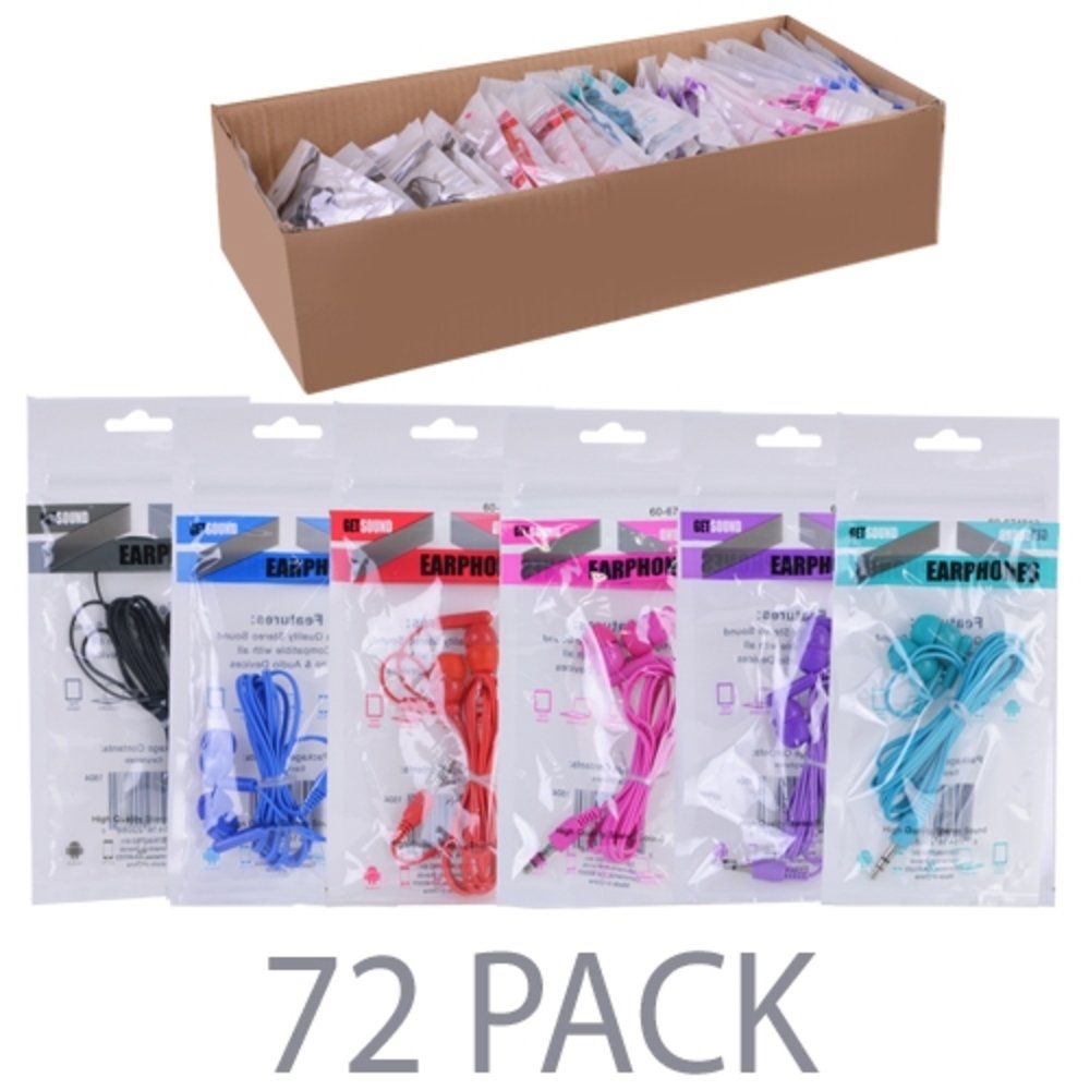 (72-Pack) Stereo Earbuds (12 x 6 Colors: Black Red Teal Purple Pink Blue) - Retail Hanging Package