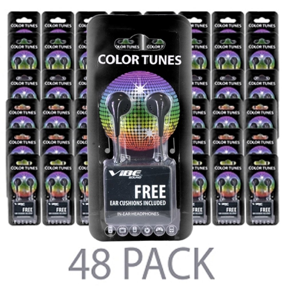 (48-Pack) Vibe Color Tunes VS-120-BLK In-Ear Stereo Headphones (Black) - Retail Hanging Package