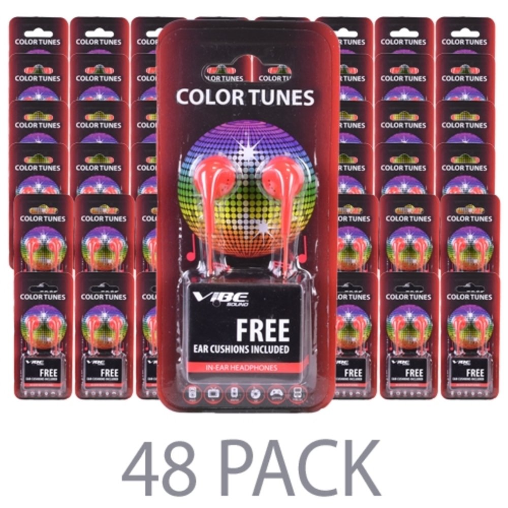 (48-Pack) Vibe Color Tunes VS-120-RED In-Ear Stereo Headphones (Red) - Retail Hanging Package