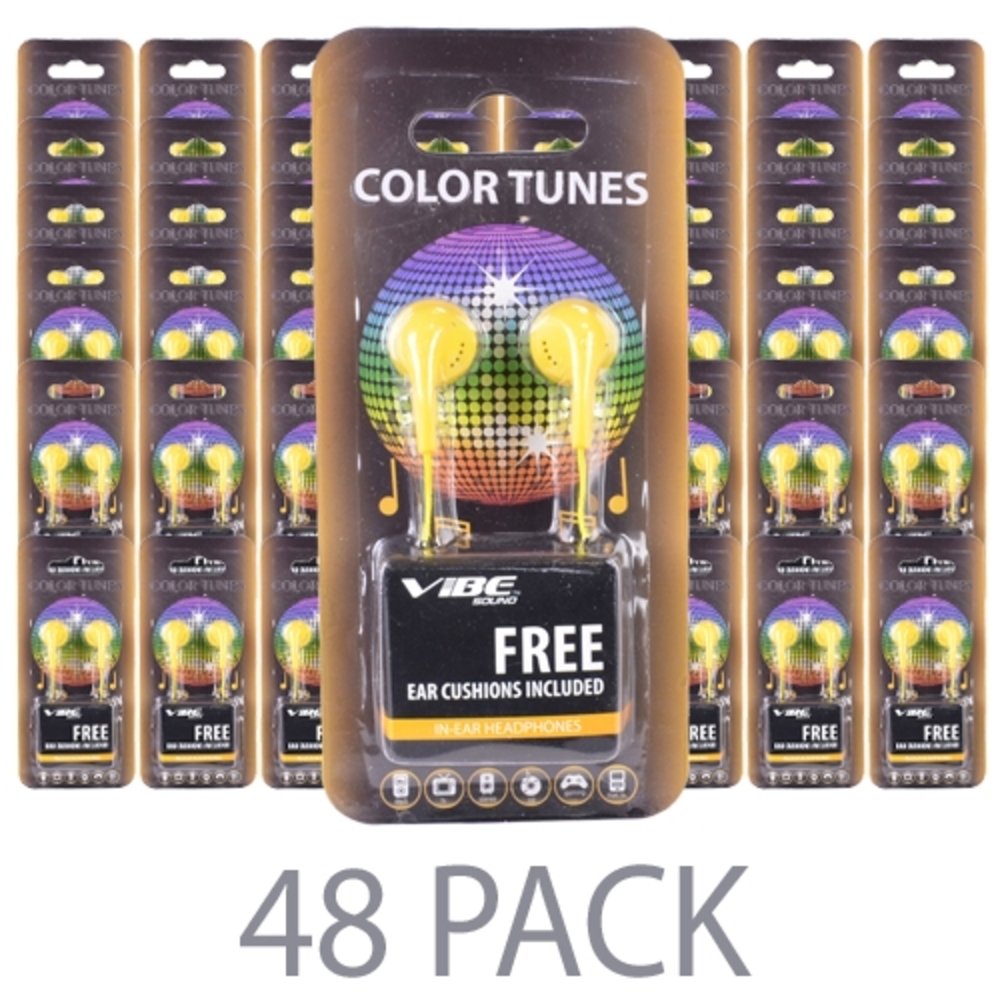 (48-Pack) Vibe Color Tunes VS-120-YLW In-Ear Stereo Headphones (Yellow) - Retail Hanging Package